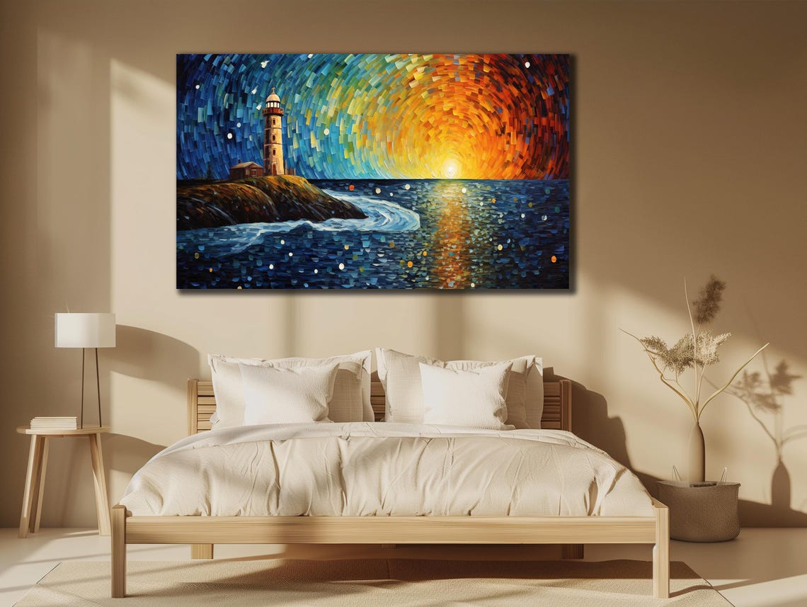 Lighthouse Sunset Mosaic Pointillist Starry Ocean Seascape Wall Poster