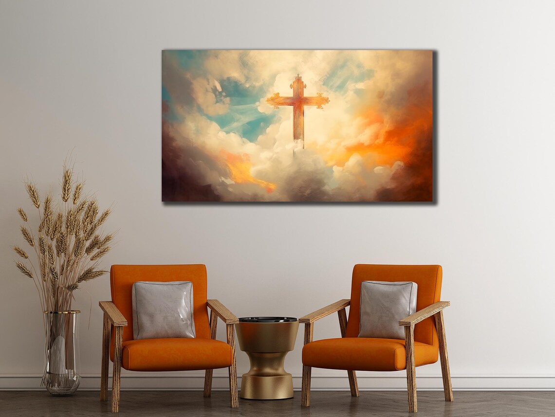 Cross in Dramatic Clouds Sunset Sky Christian Faith Art Poster - Image 2