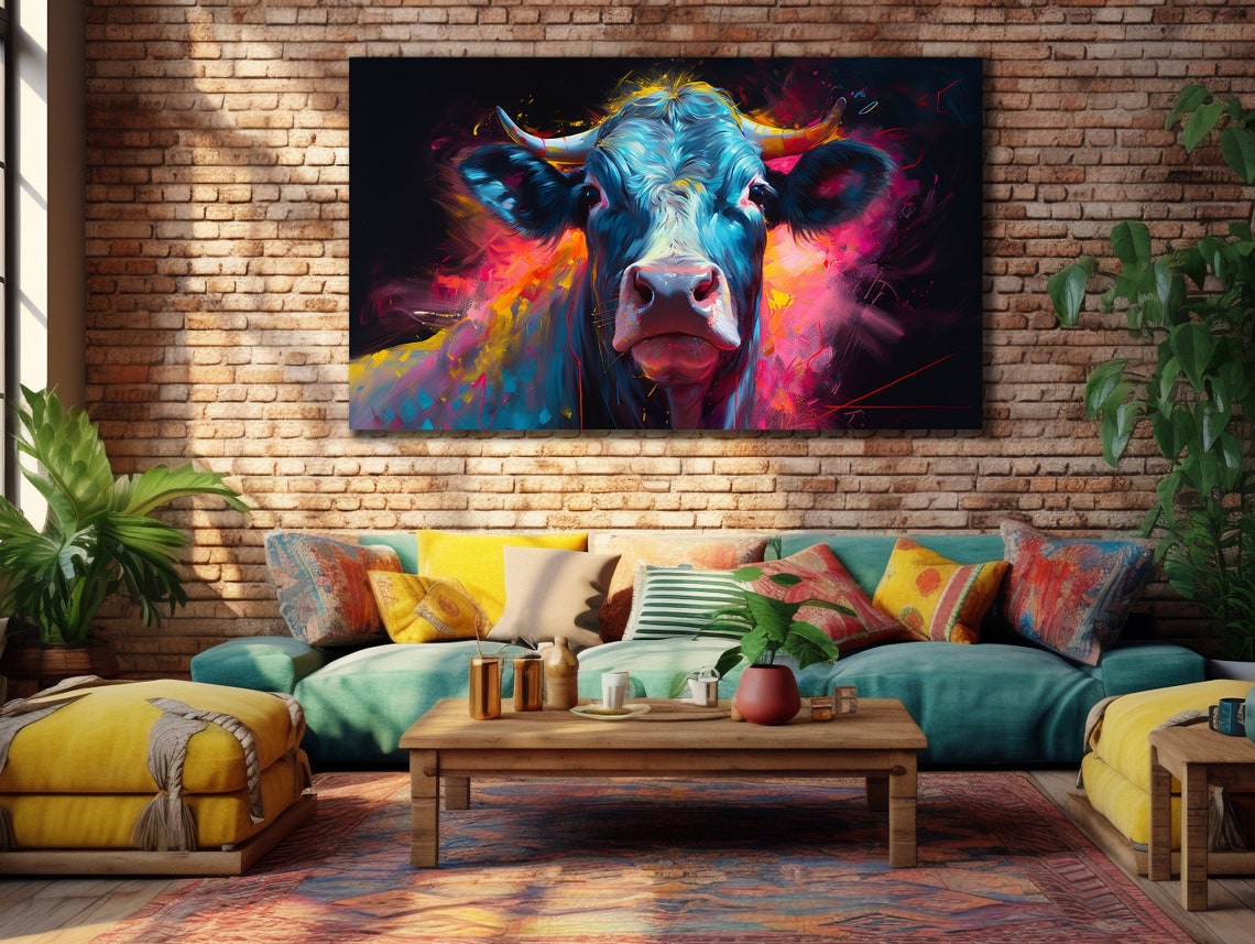 Blue Neon Cow Face With Pink Splashes Abstract Animal Portrait Poster