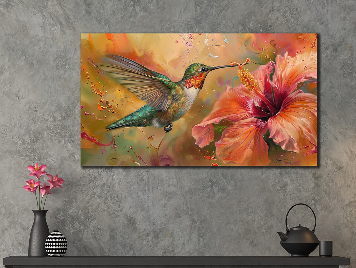 Hummingbird Hibiscus Flower Feeding Green Red Tropical Wall Art - Image 3
