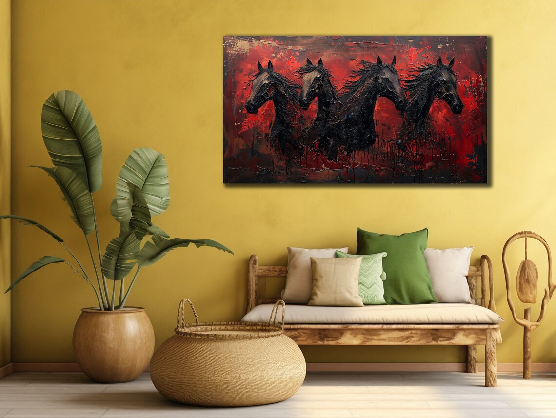 Black Horses Red Abstract Oil Painting Dramatic Equine Art Poster - Image 2