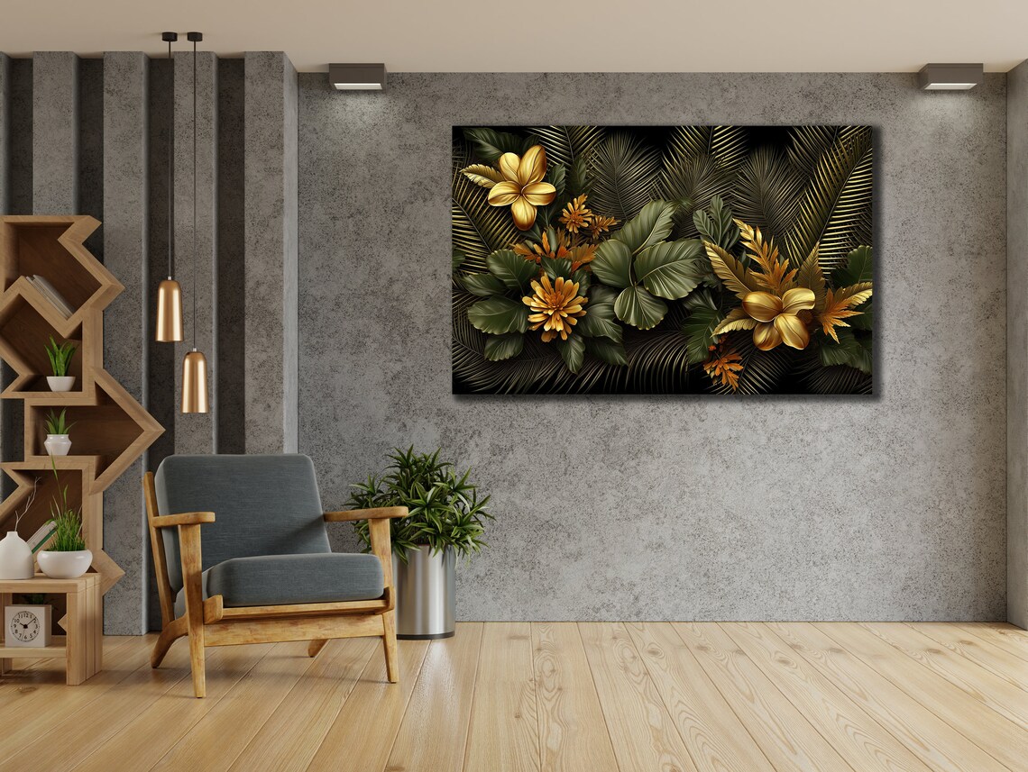 Gold Palm Leaves Flowers Black Botanical Luxury Wall Art Print - Image 3