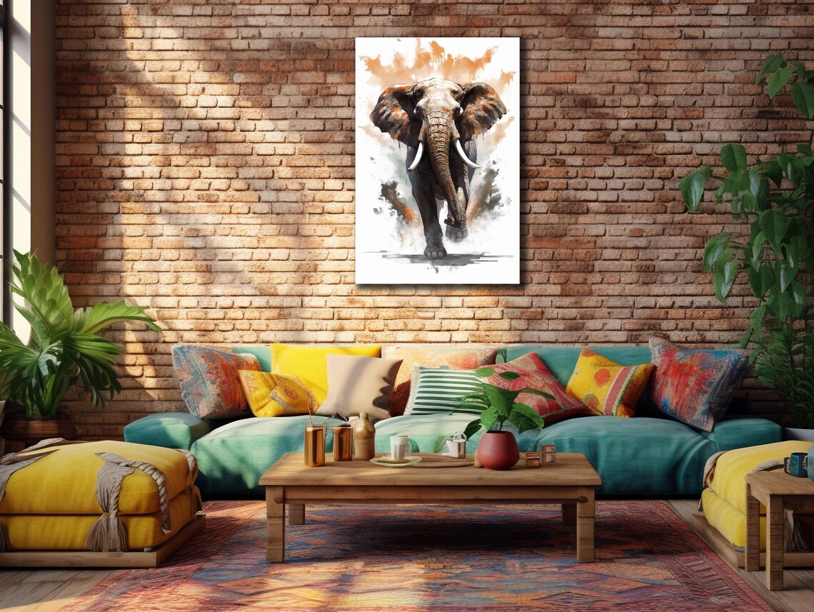 Watercolor Elephant Walking Forward Orange Splashes Animal Wall Art Print - Image 2