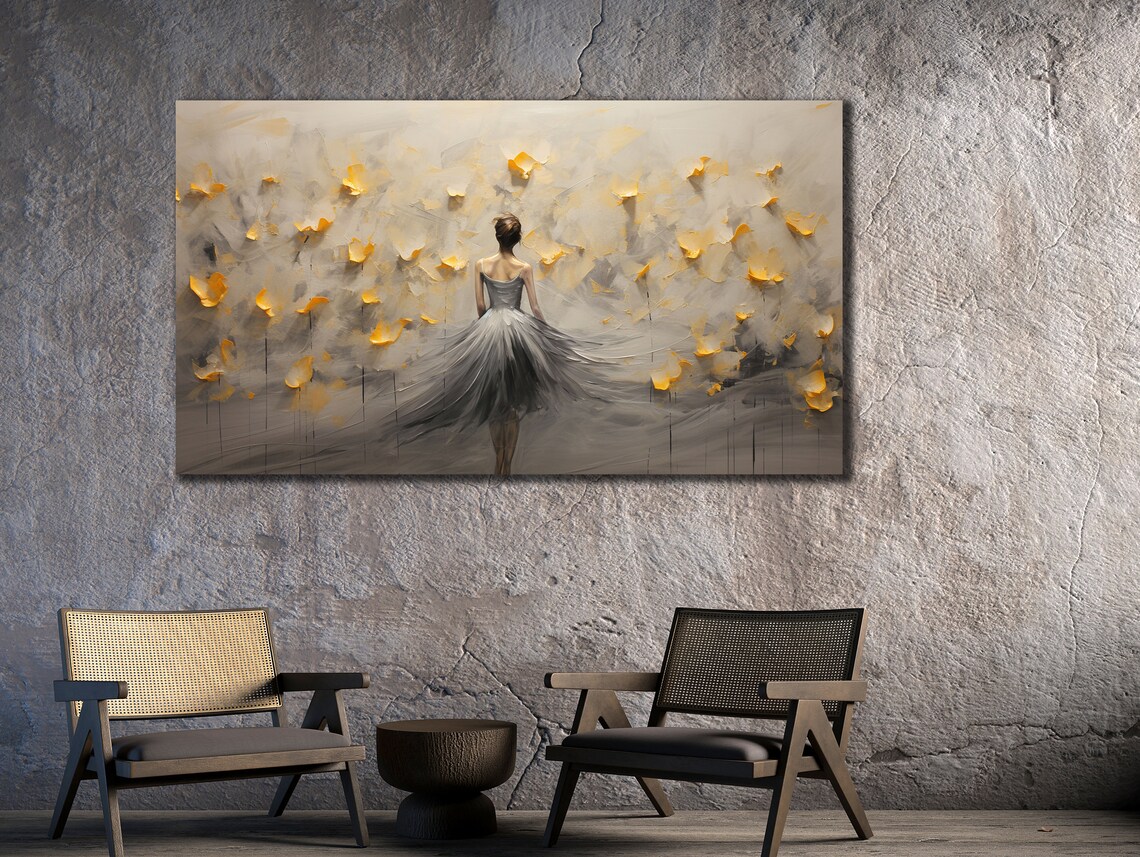 Ballerina Dancer Gray Gold Abstract Flowing Tutu Dance Wall Art - Image 2