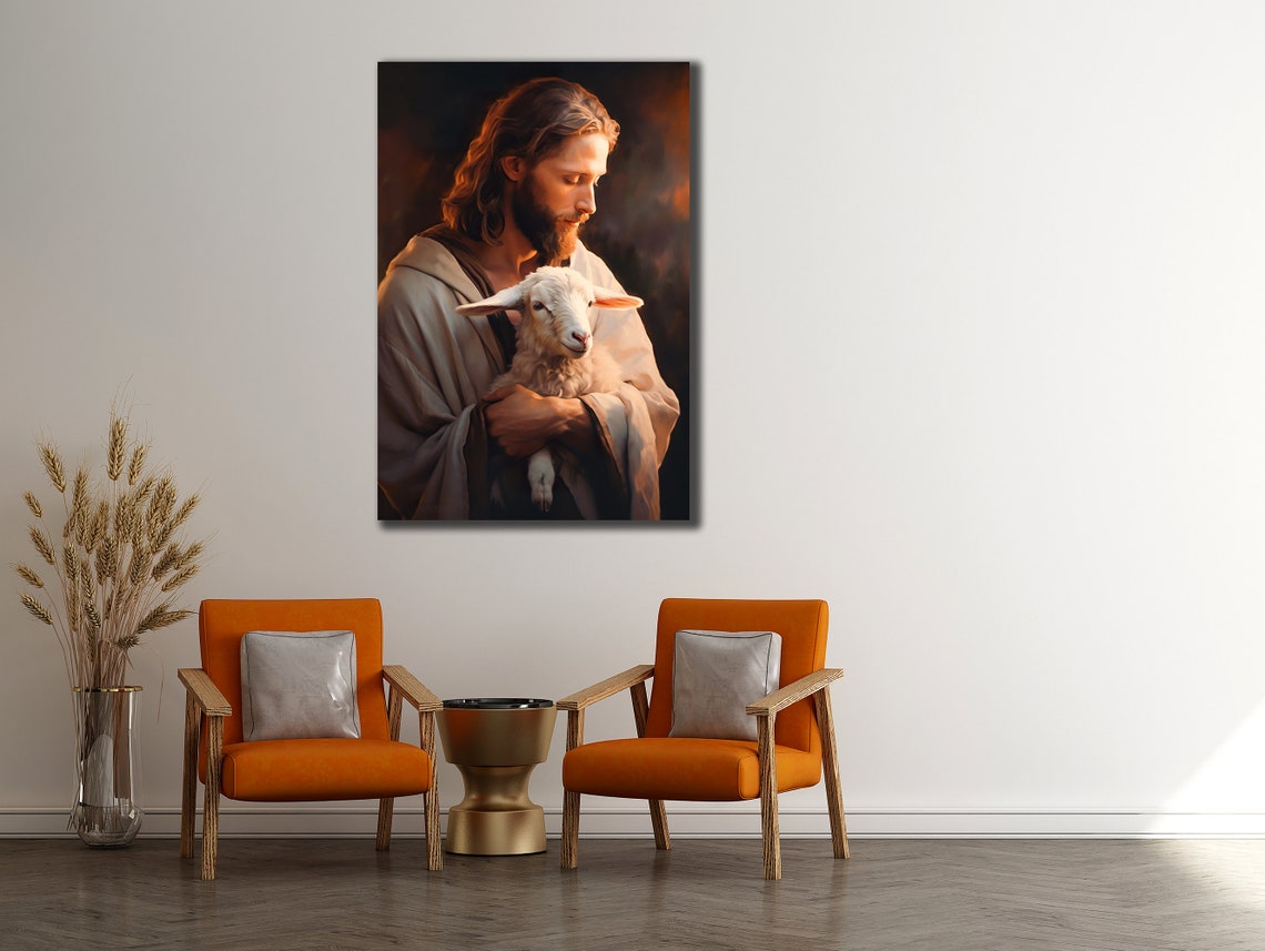 Jesus Holding White Lamb Warm Light Tender Christian Wall Art Poster - Image 2