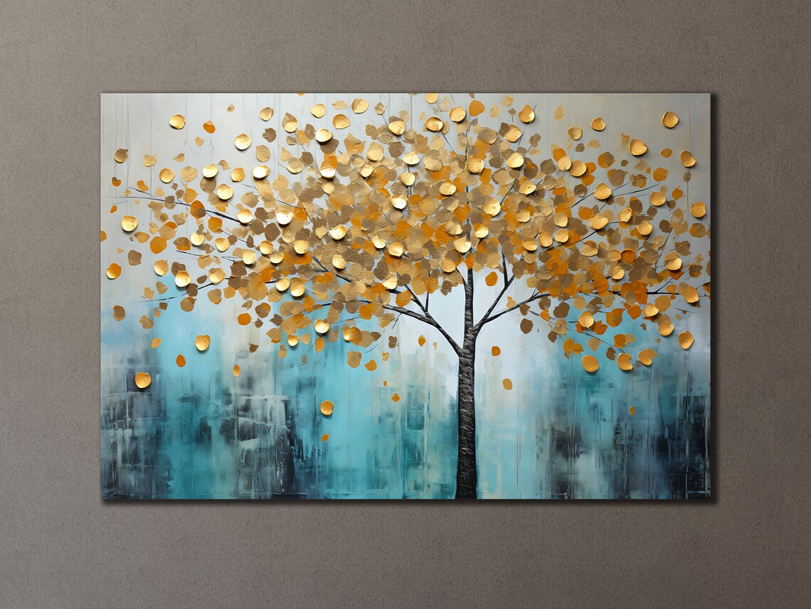 Golden Coin Tree Turquoise Blue Background Textured Wall Art Poster - Image 3