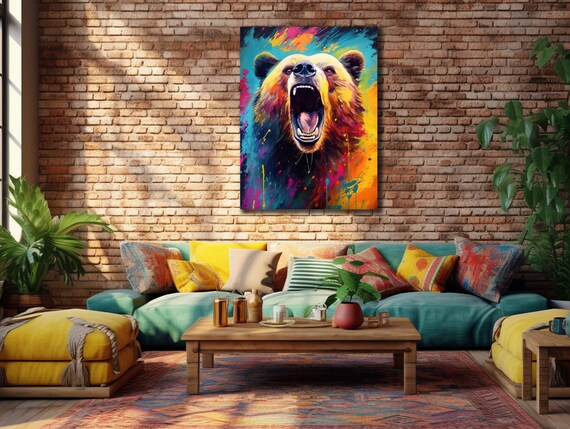 Roaring Grizzly Bear Neon Color Splash Fierce Wildlife Art Poster