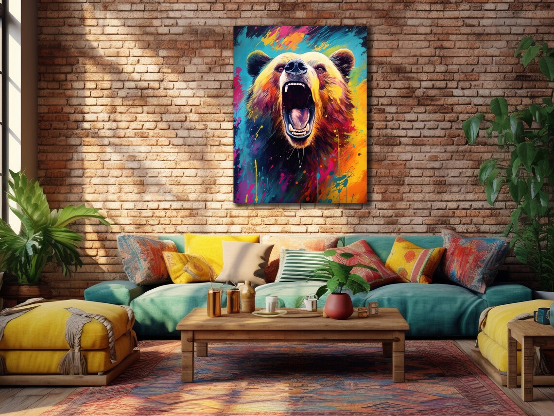 Roaring Grizzly Bear Neon Color Splash Fierce Wildlife Art Poster