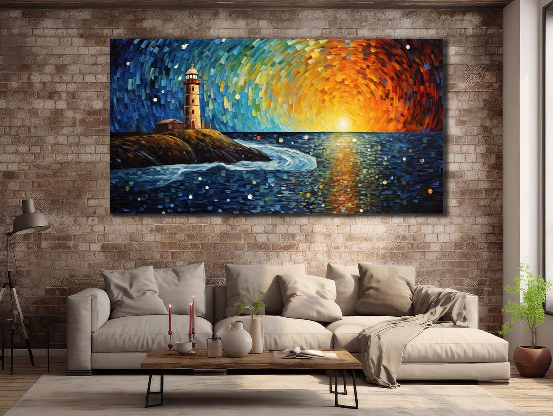 Lighthouse Sunset Mosaic Pointillist Starry Ocean Seascape Wall Poster - Image 3