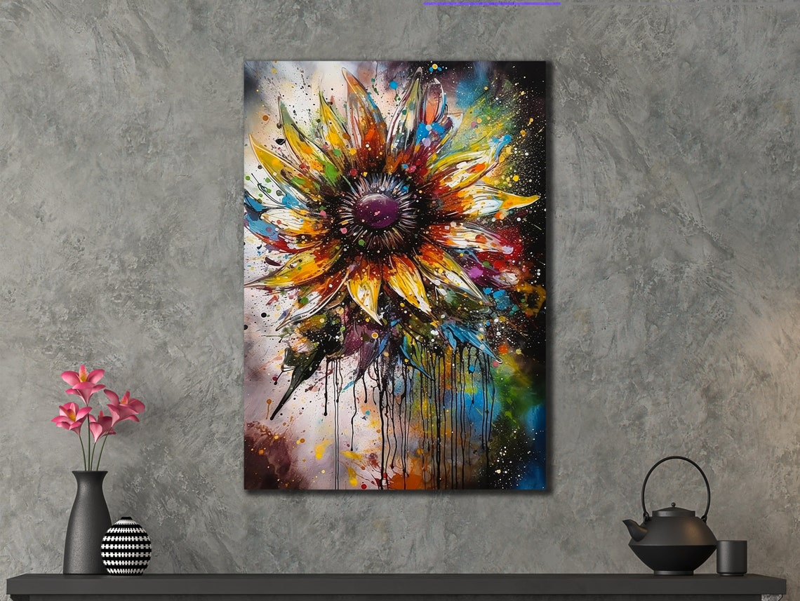 Colorful Sunflower Paint Drips Splatter Modern Floral Art Poster - Image 3