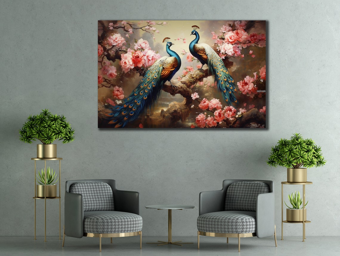Two Peacocks on Flowering Branch Pink Blossom Bird Art Poster