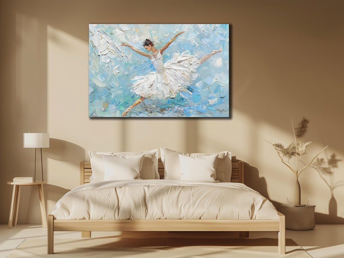 Leaping Ballerina White Tutu Ice Blue Textured Ballet Art Poster