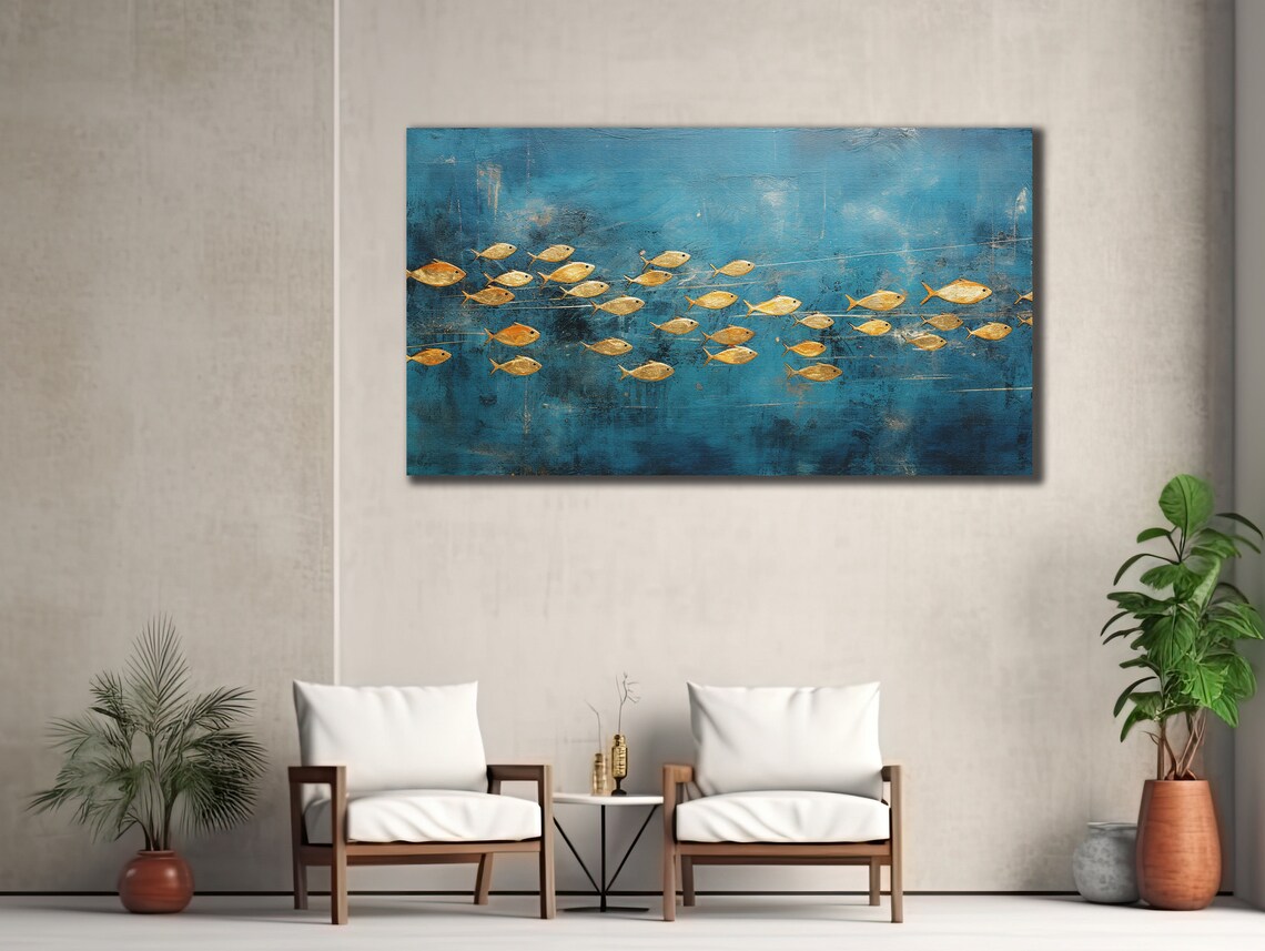 Golden Fish School Teal Blue Abstract Painting Ocean Wall Art Poster - Image 2