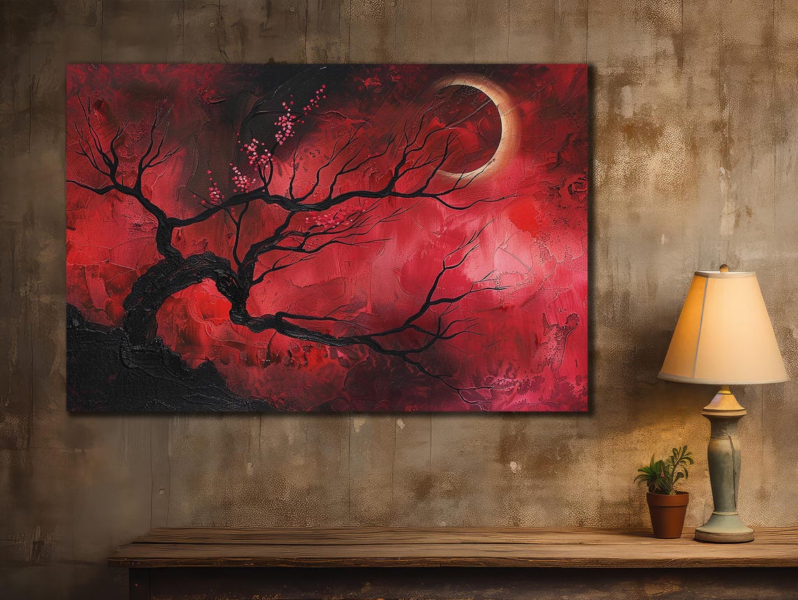 Red Tree Under Crimson Moon Black Blossoming Branches Night Art Poster - Image 3