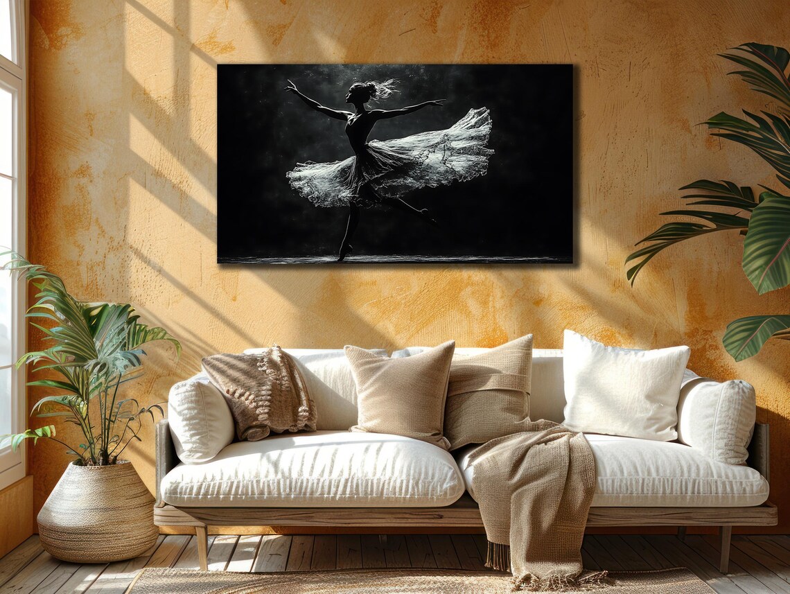 Ballerina Dancer Silhouette Flowing Skirt Dramatic Black White Art Poster - Image 2