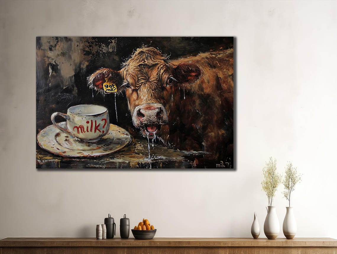 Funny Brown Cow Drinking Milk Question Humorous Kitchen Poster - Image 3
