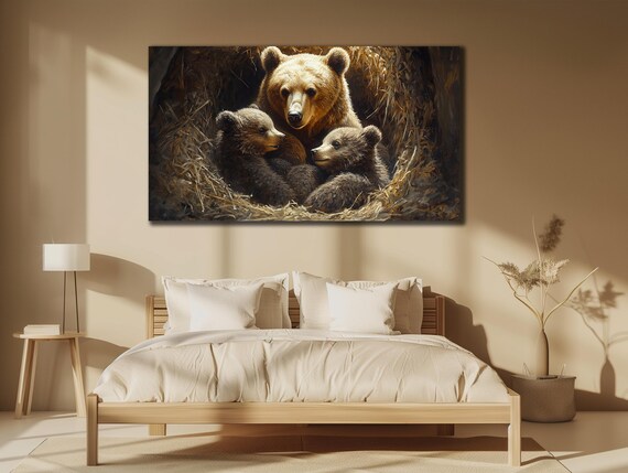 Mother Bear With Two Cubs Cozy Den Wildlife Brown Bear Family Wall Art Poster