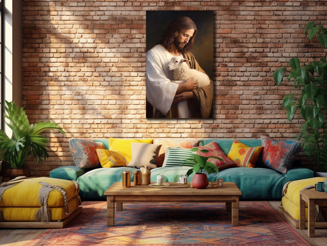 Jesus Holding Lamb Gentle Dark Background Faith Christian Wall Art Poster - Image 3