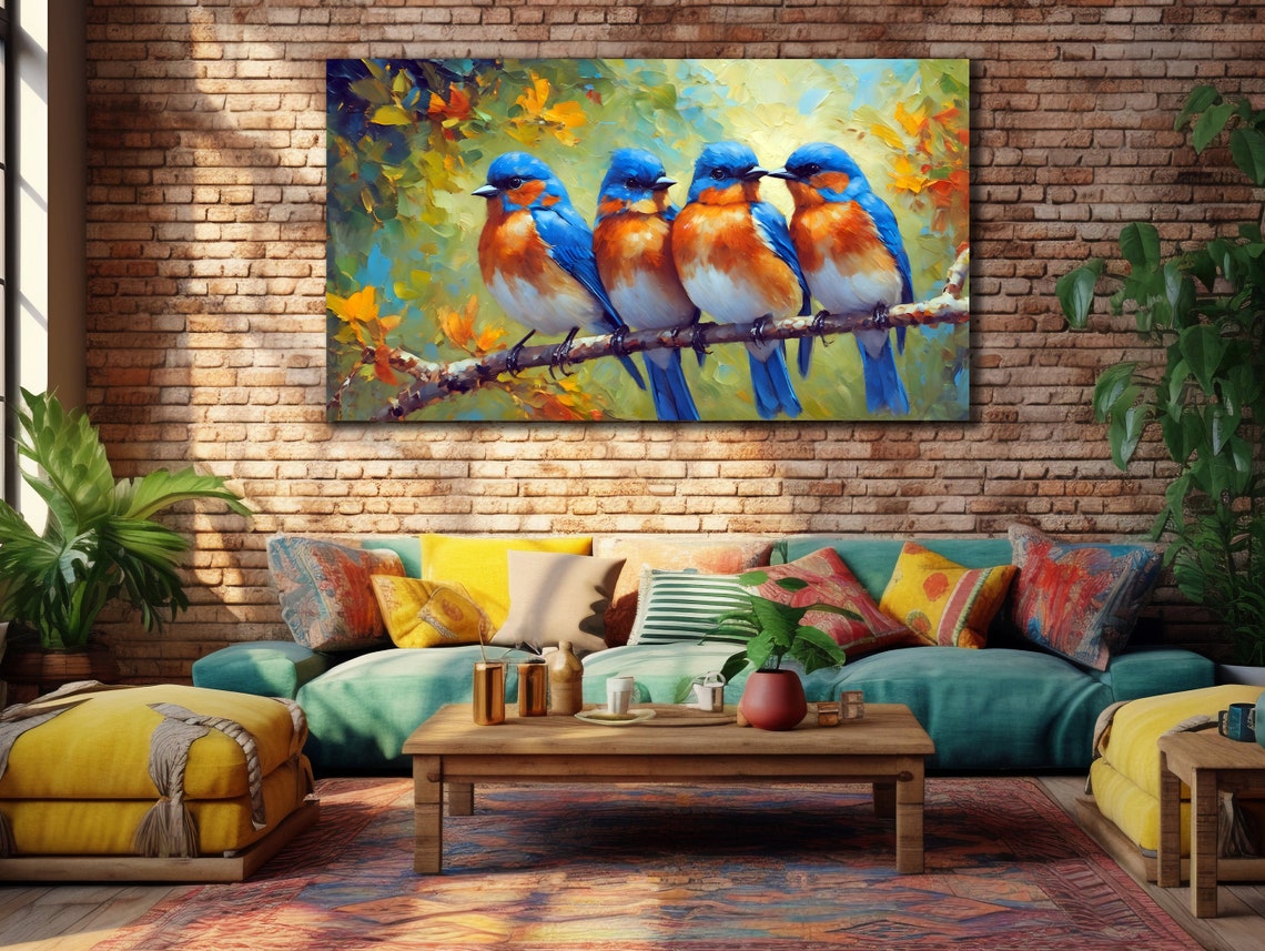 Four Bluebirds Perched Together On Branch Colorful Art Poster