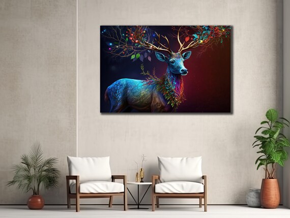 Blue Deer Stag Lights Antlers Painting Enchanted Forest Magical Animal Art Poster