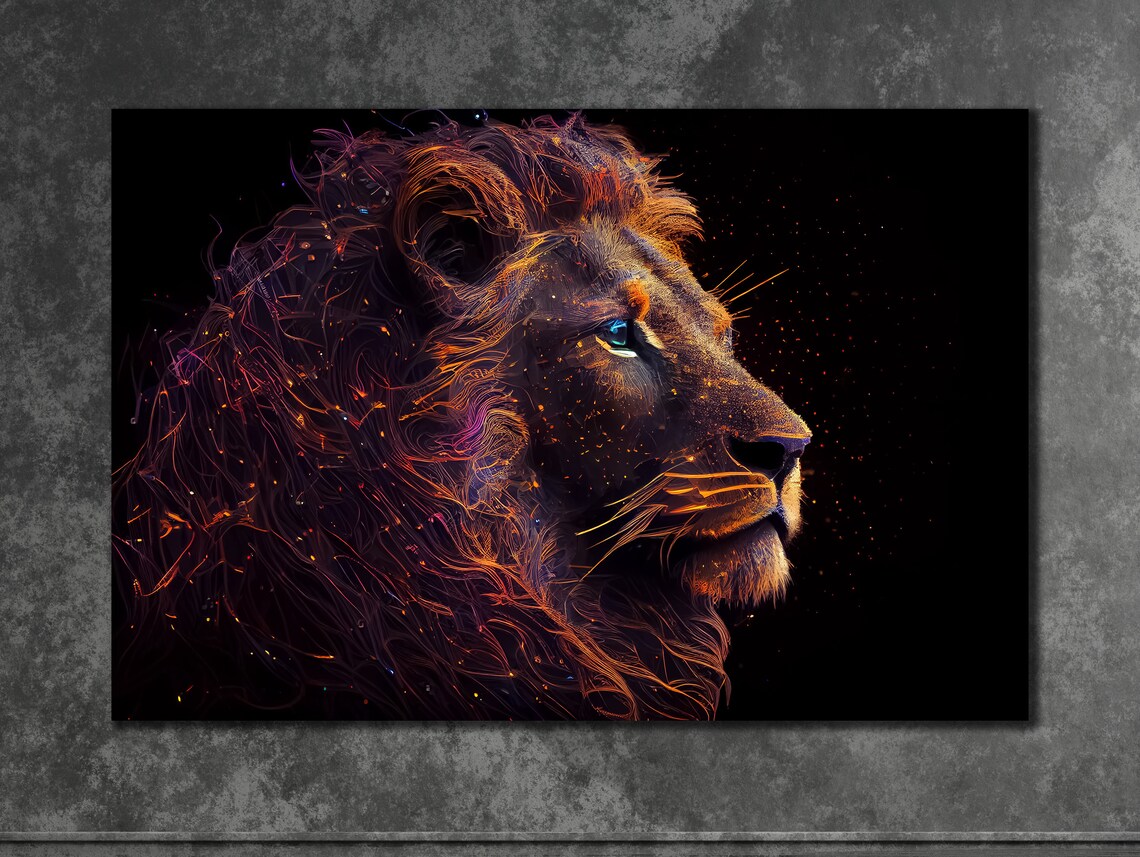 Fiery Lion Profile Orange Particle Swirls Black Background Art Poster