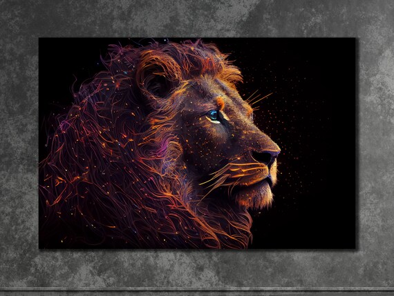 Fiery Lion Profile Orange Particle Swirls Black Background Art Poster