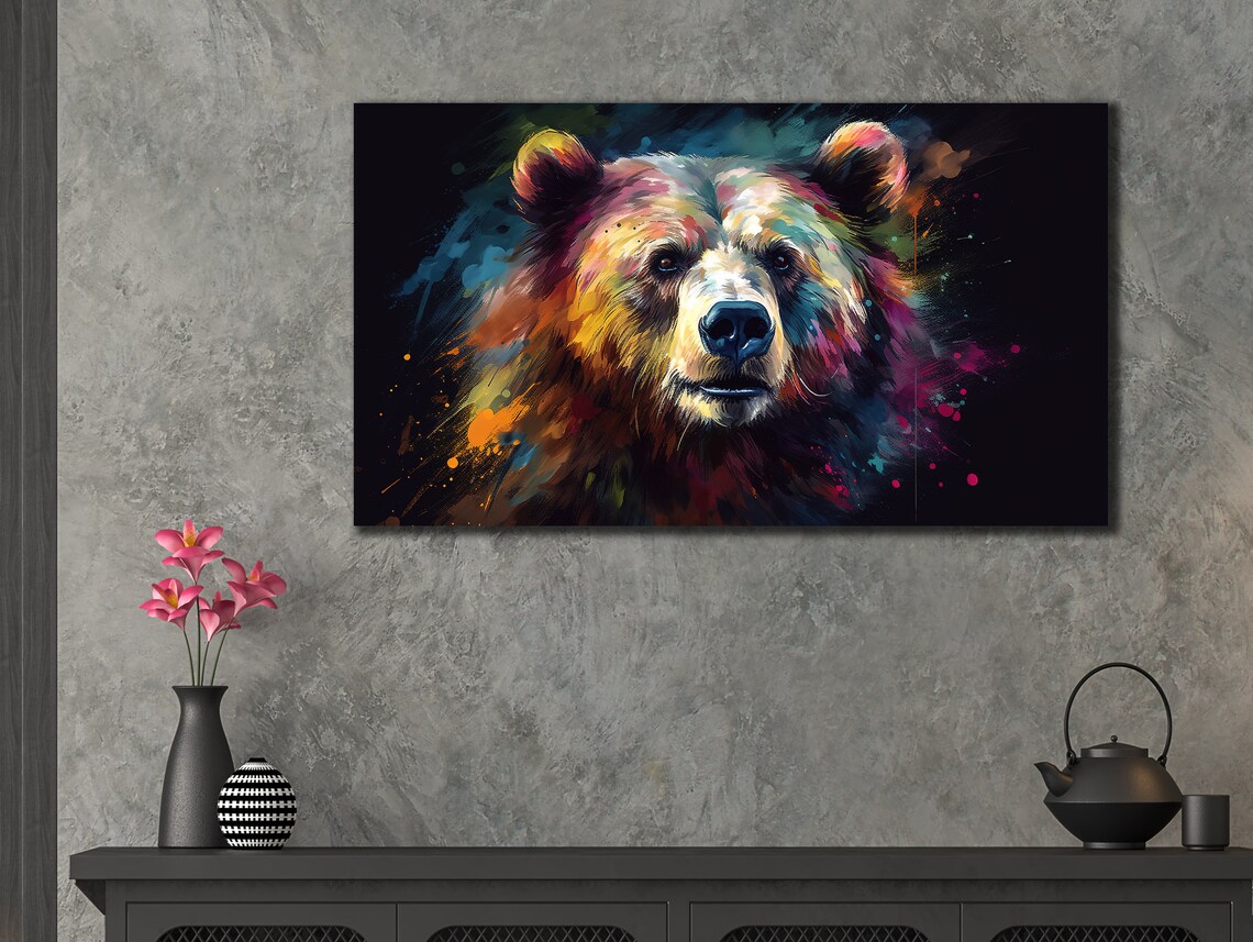Colorful Bear Portrait Paint Splatter Wildlife Modern Canvas Poster - Image 3