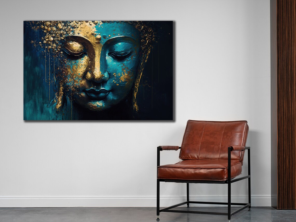 Buddha Face Blue Gold Painting Serene Spiritual Meditation Zen Wall Art Poster - Image 2