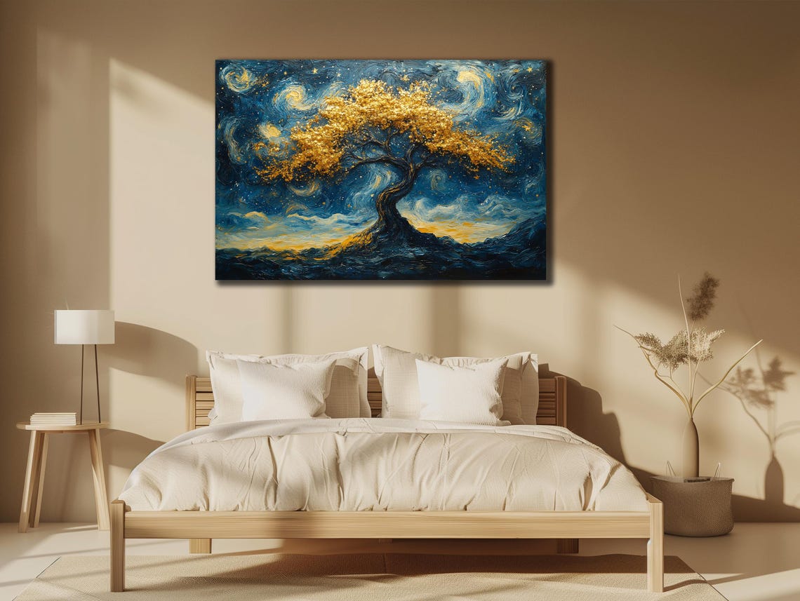 Golden Tree Starry Night Swirling Blue Sky Van Gogh Style Poster