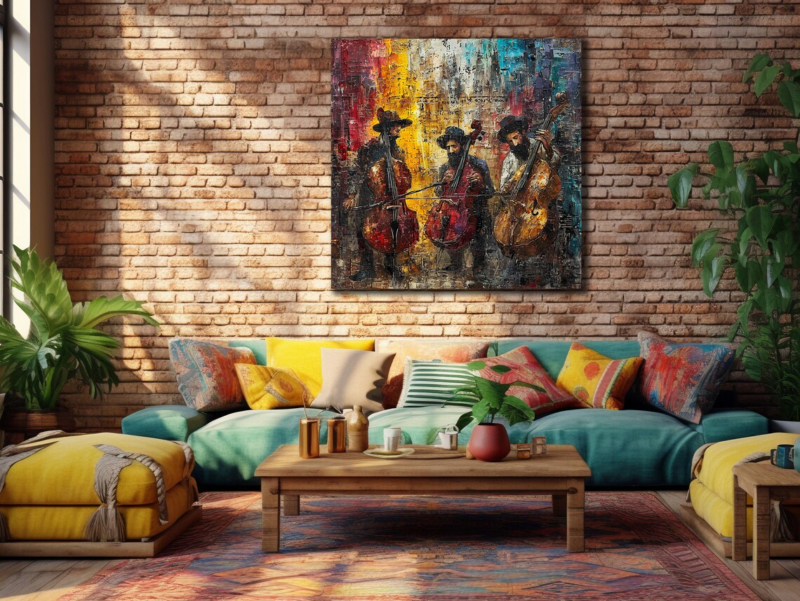 Jazz Double Bass Trio Street Musicians Colorful Oil Painting Poster - Image 3