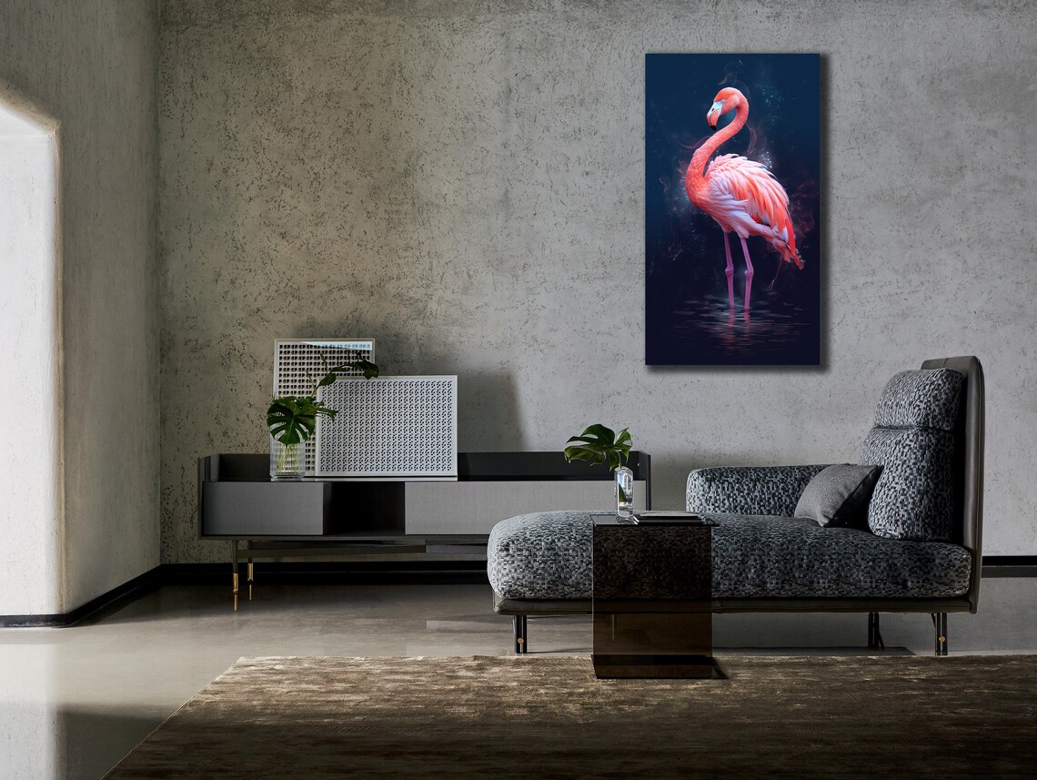 Pink Flamingo Night Water Glowing Tropical Bird Wall Art Poster - Image 2