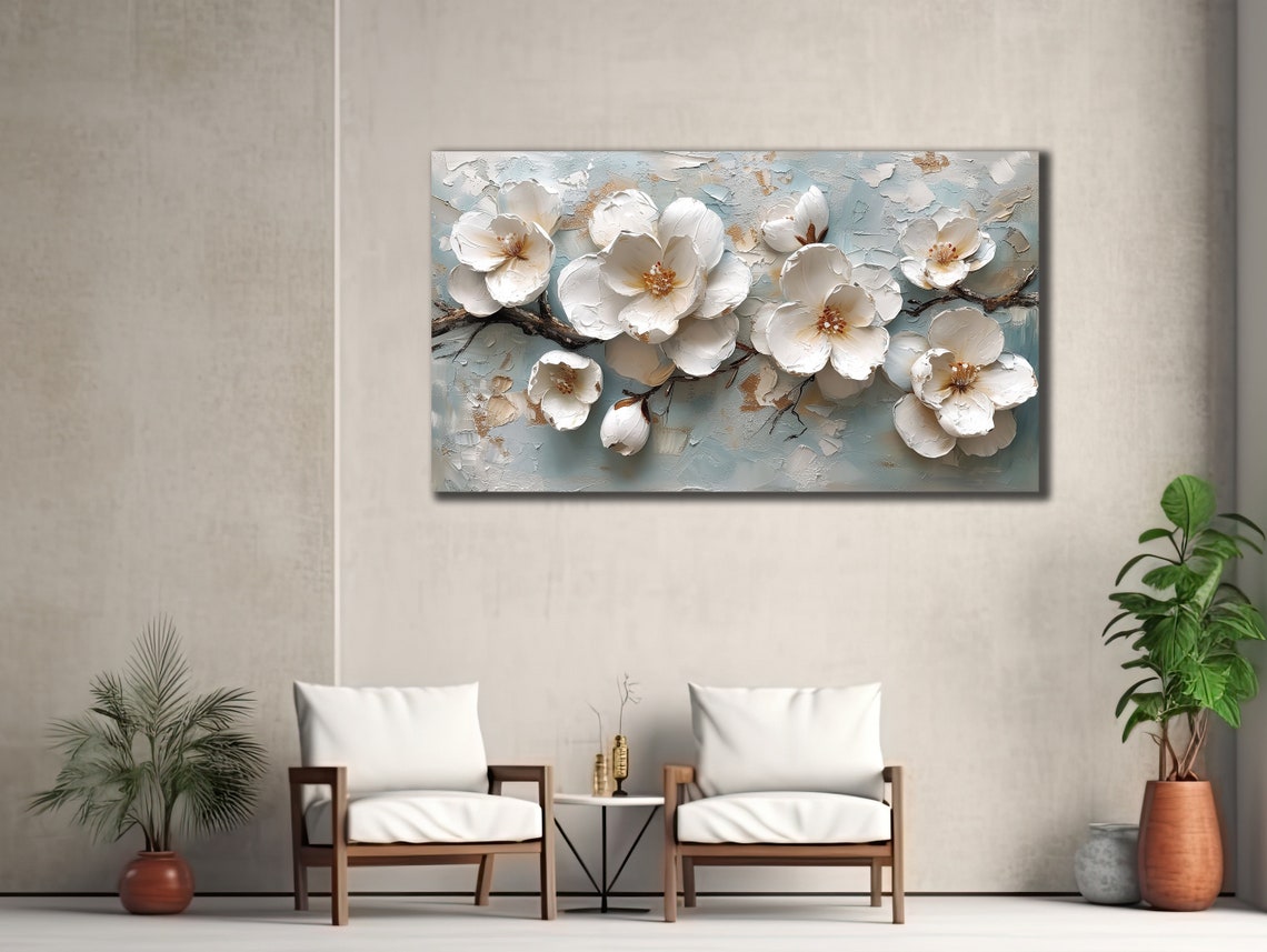 White Magnolia Blossom Textured Floral Painting Serene Wall Poster - Image 2