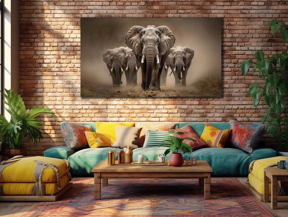Elephant Herd Walking Dust Sepia Wildlife Photography Art Poster