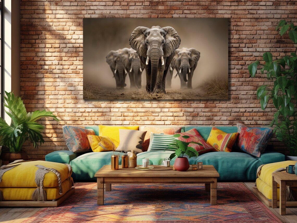 Elephant Herd Walking Dust Sepia Wildlife Photography Art Poster
