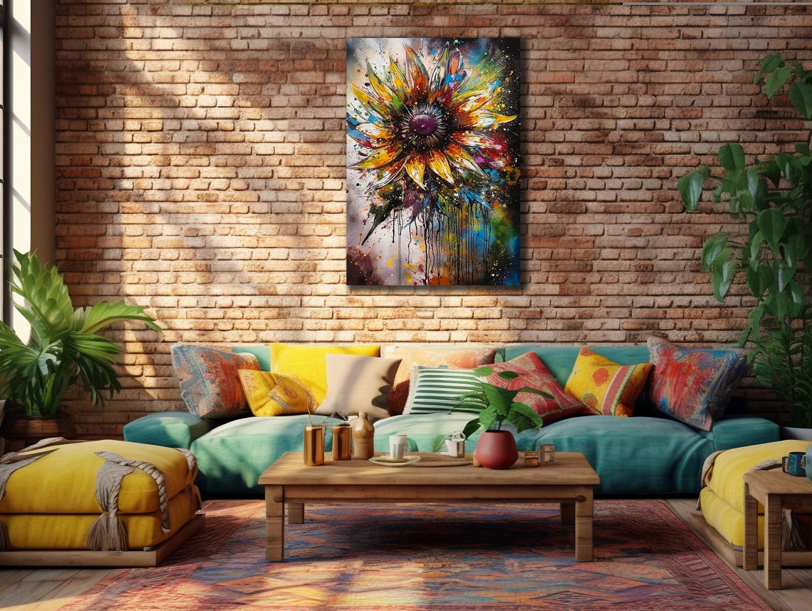 Colorful Sunflower Paint Drips Splatter Modern Floral Art Poster - Image 2