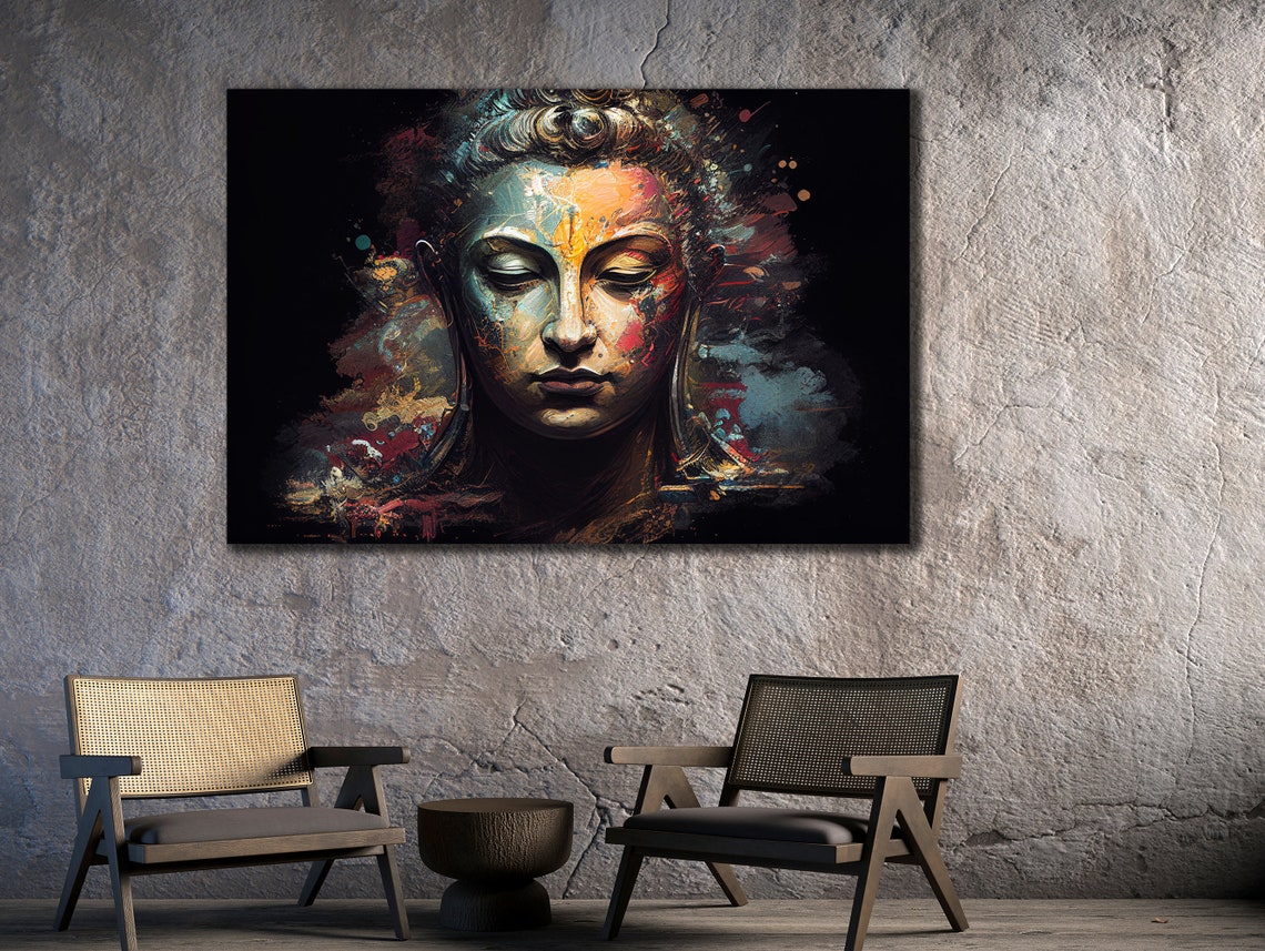 Buddha Head Dark Background Colorful Splash Serene Zen Poster