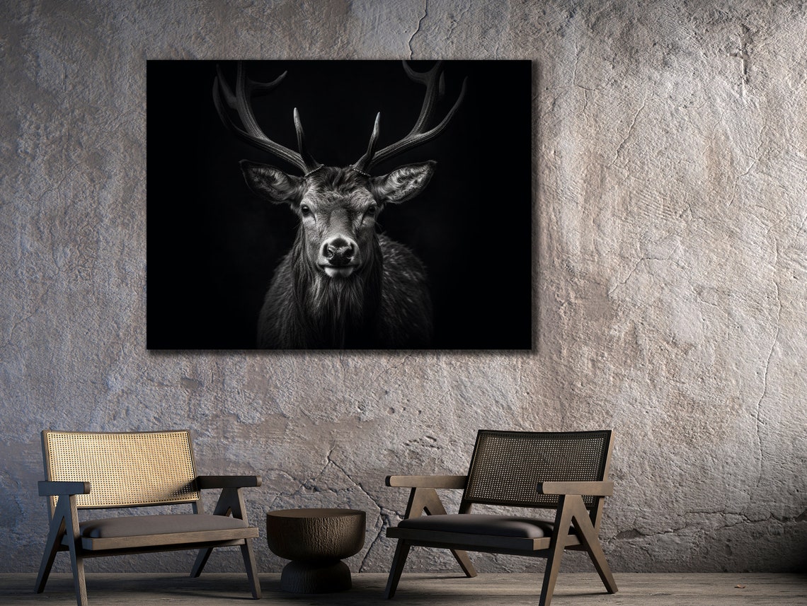 Black White Stag Antlers Dark Moody Wildlife Portrait Wall Art - Image 3