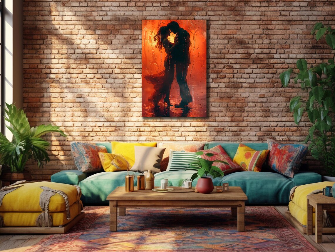 Romantic Couple Silhouette In Red Rain Embracing Love Painting Poster - Image 2
