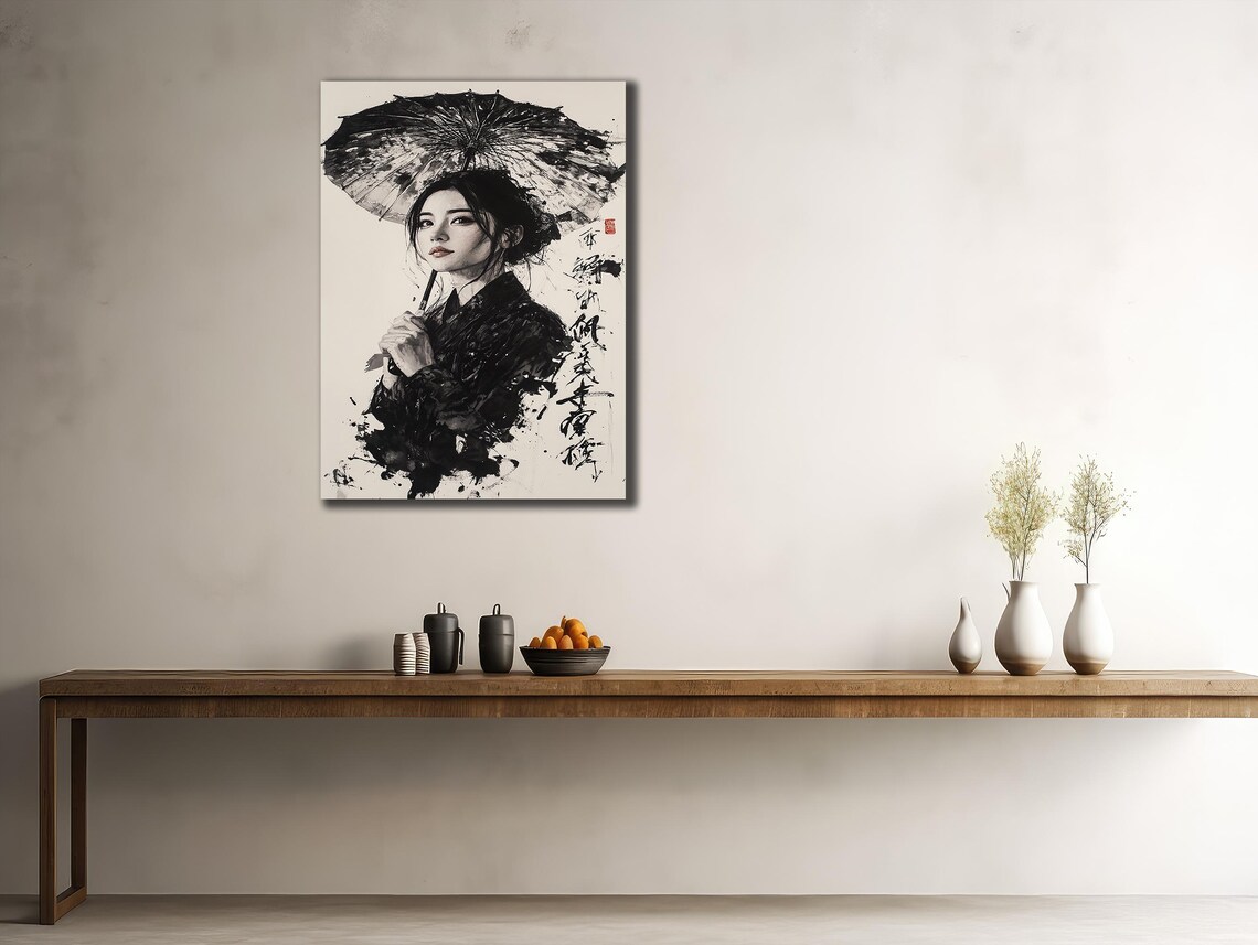 Geisha Portrait Ink Wash Parasol Close Up Japanese Beauty Wall Poster - Image 2