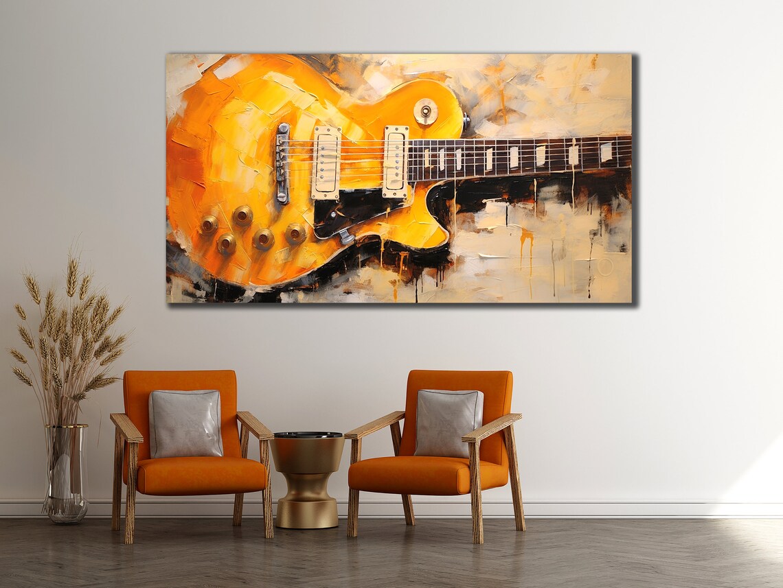 Golden Electric Guitar Textured Oil Painting Rock Music Decor Poster - Image 2