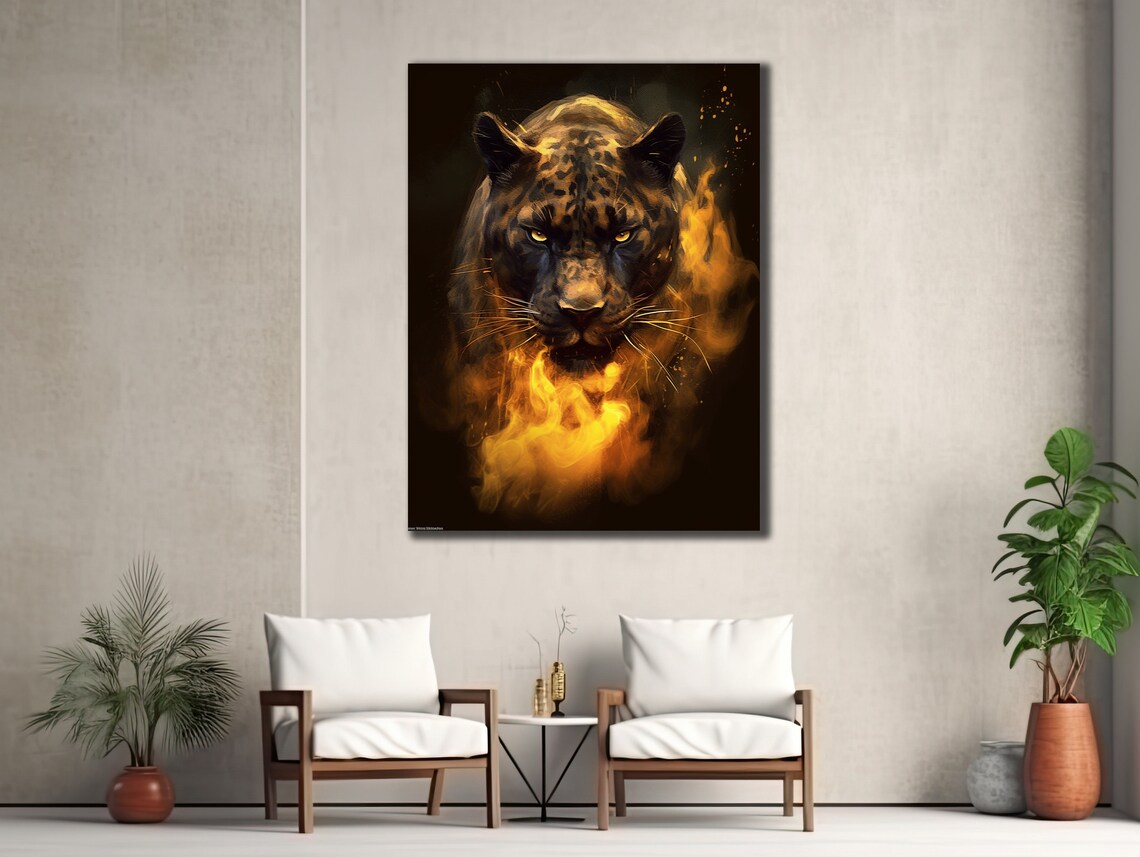 Fiery Leopard Head Golden Flames Dark Background Big Cat Wildlife Art Poster