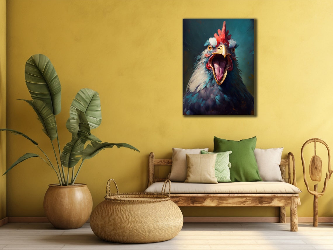 Screaming Colorful Rooster Portrait Funny Farm Bird Art Poster - Image 2