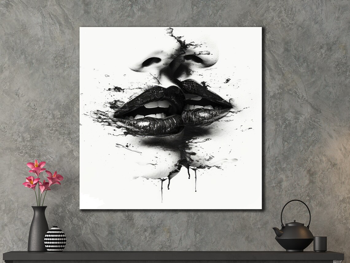 Black Ink Lips Partial Face Dramatic Dripping Monochrome Woman Art Poster - Image 3
