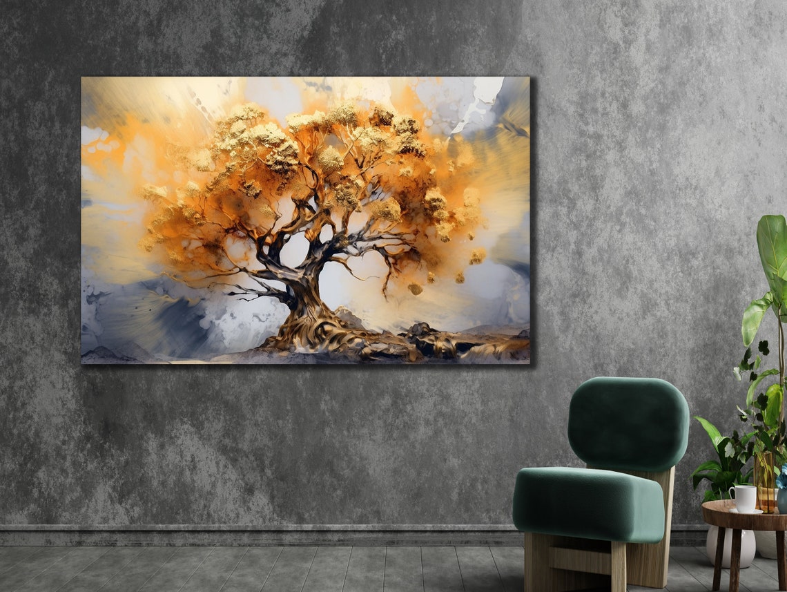Golden Autumn Tree Abstract Oil Painting Warm Fall Wall Art Print - Image 3