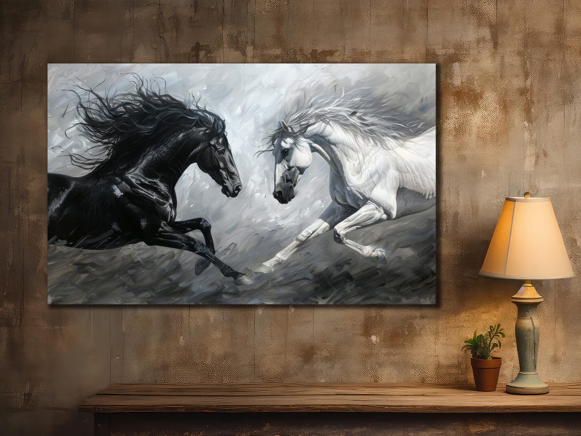 Black and White Horses Galloping Misty Grey Stallions Running Print - Image 2