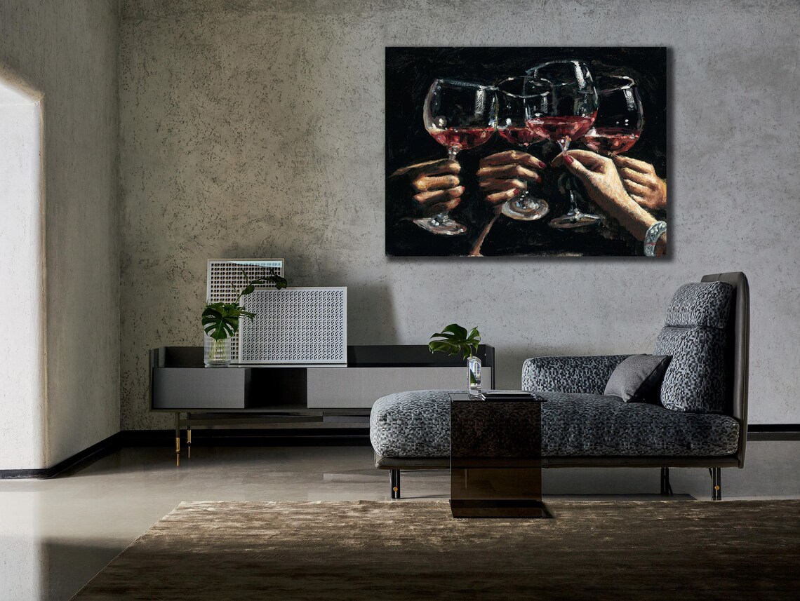 Red Wine Glasses Toast Celebration Dark Oil Painting Wall Art - Image 3