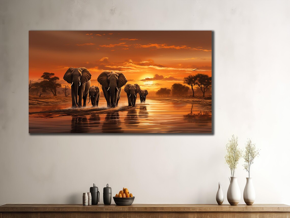 African Elephant Herd Sunset River Crossing Savanna Wildlife Art Poster - Image 2
