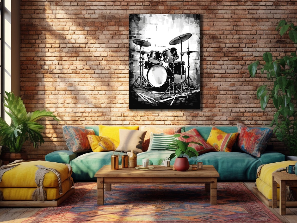 Drum Kit Black White Monochrome Grunge Rock Music Studio Poster - Image 2