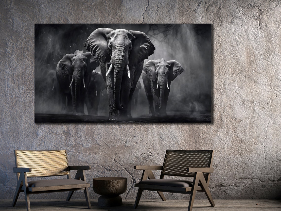 Elephant Herd Dark Smoky Background Black White Wildlife Art Poster - Image 2