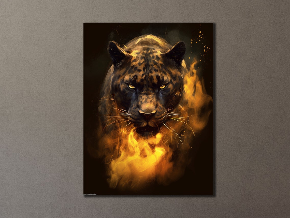 Black Panther Emerging Flames Fire Eyes Dark Wildlife Art Poster - Image 3